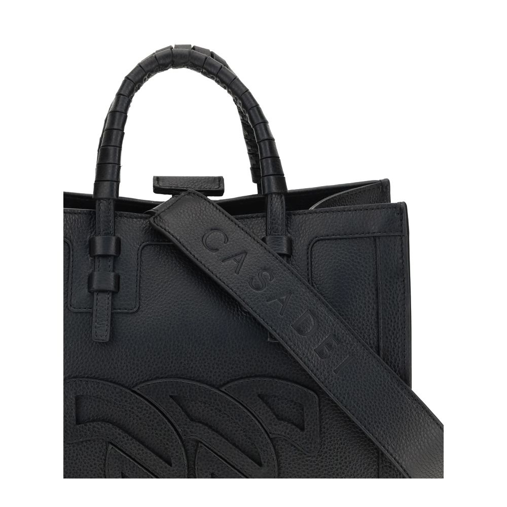 Casadei Black Calf Leather Bos Taurus Shoulder Bag with embossed logo and adjustable strap, showcasing elegance and versatility.