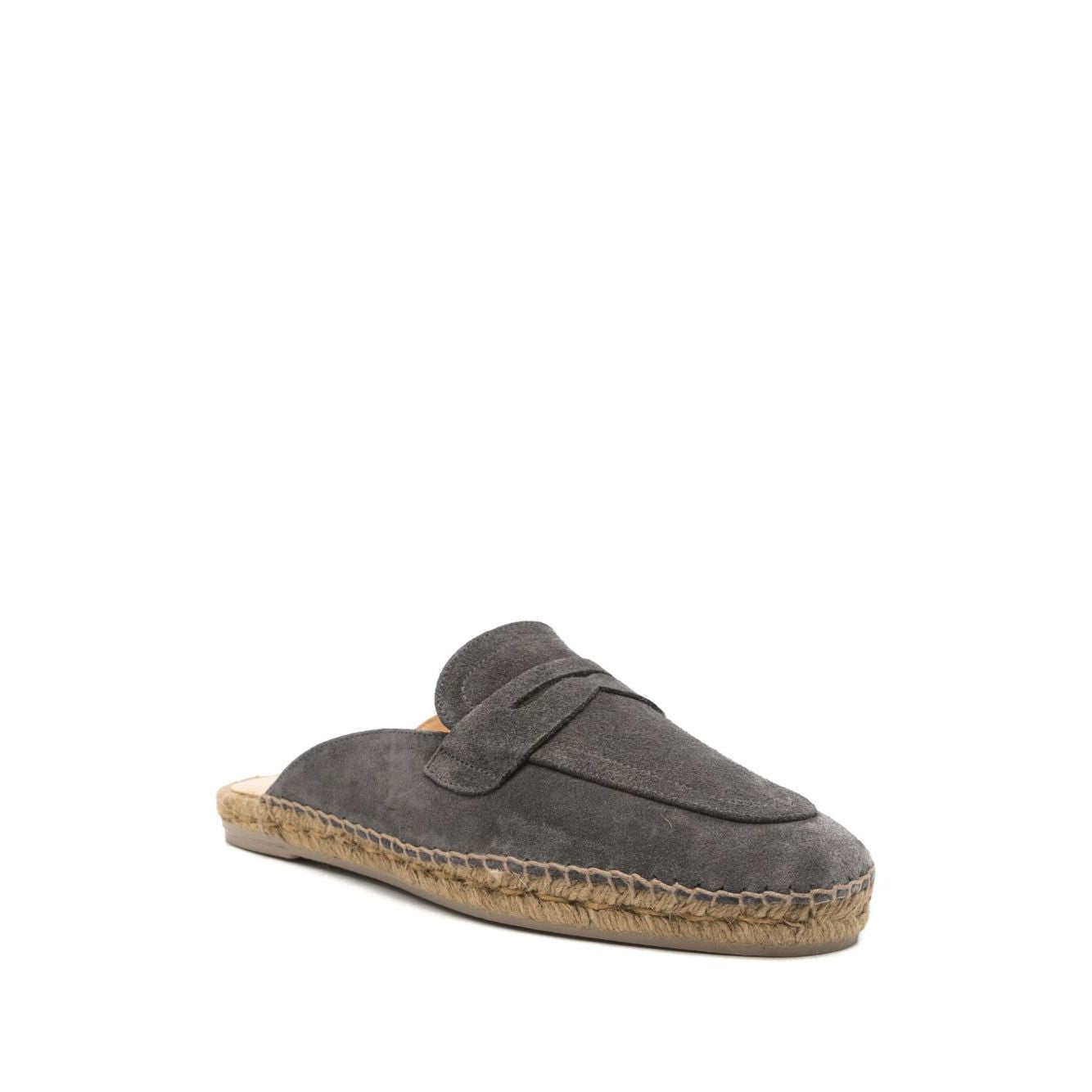Castañer Castaner Sandals Grey suede leather slippers with almond toe and rubber sole, featuring a gunmetal grey branded insole.