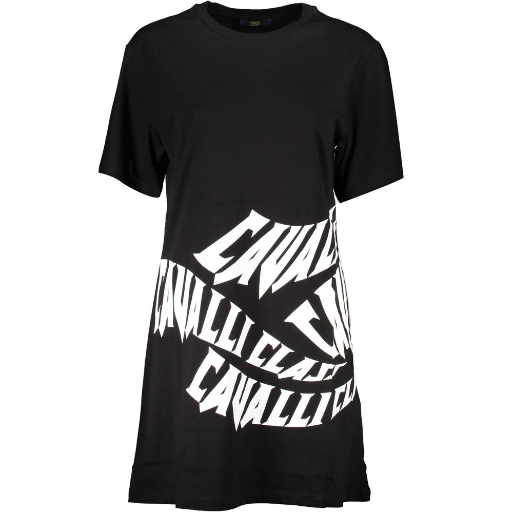 Cavalli Class Black Cotton Dress with short sleeves, round neck, print and logo design.