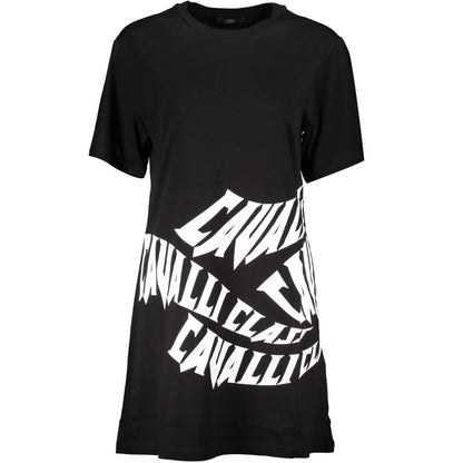 Cavalli Class Black Cotton Dress with short sleeves, round neck, print and logo design.