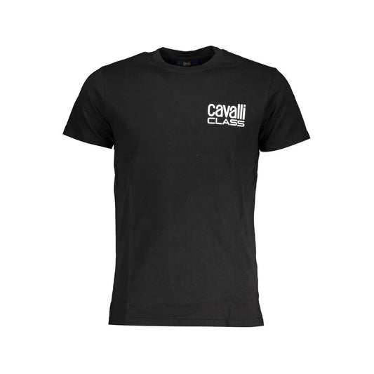 Cavalli Class Black Cotton T-Shirt with short sleeves, crew neck, and logo print.