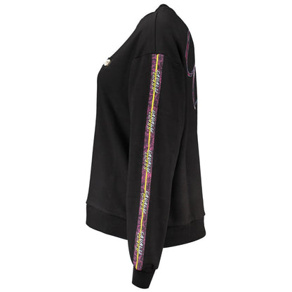 Side view of Cavalli Class Black Cotton Women Sweater with bold logo print and stylish long sleeves.