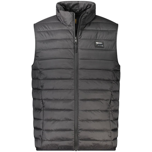 Cavalli Class Black Polyester Men Jacket with sleeveless design, showcasing sleek style and comfort with signature logo.