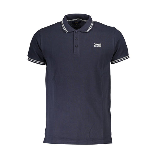 Cavalli Class Blue Cotton Men Polo Shirt with contrasting details, luxurious Italian design, and iconic logo for refined sophistication.