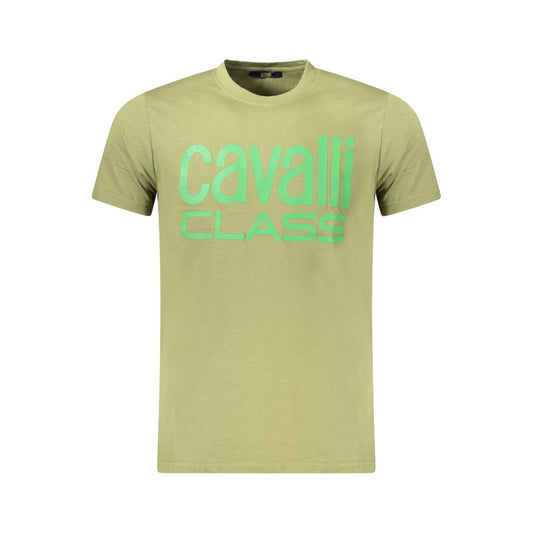 Cavalli Class Green Cotton Men T-Shirt with logo print, luxury short-sleeve design in premium cotton, bold fashion statement.