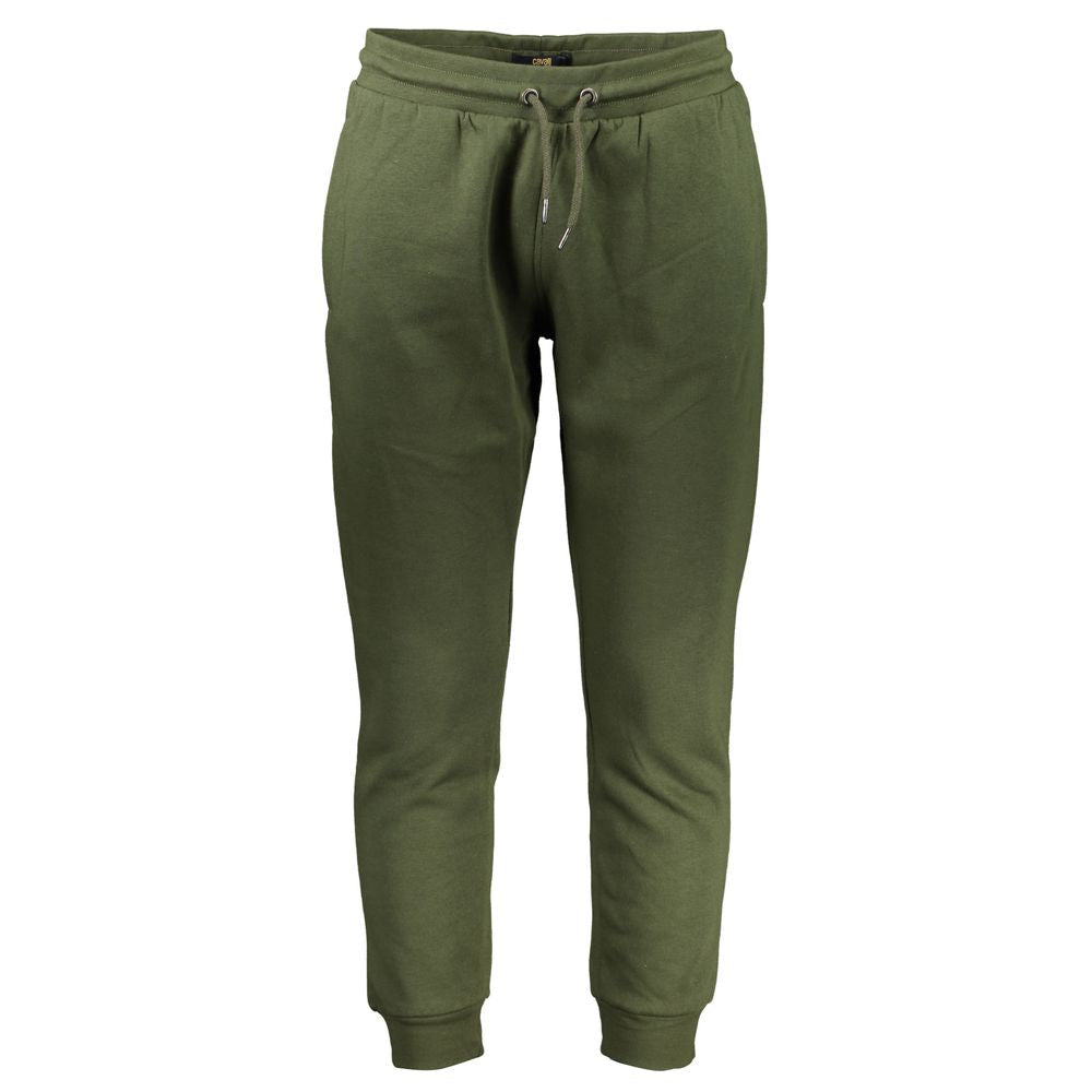 Cavalli Class Green Cotton Pant with elastic waist, 3 pockets, ankle cuff, embroidery, and logo detailing.