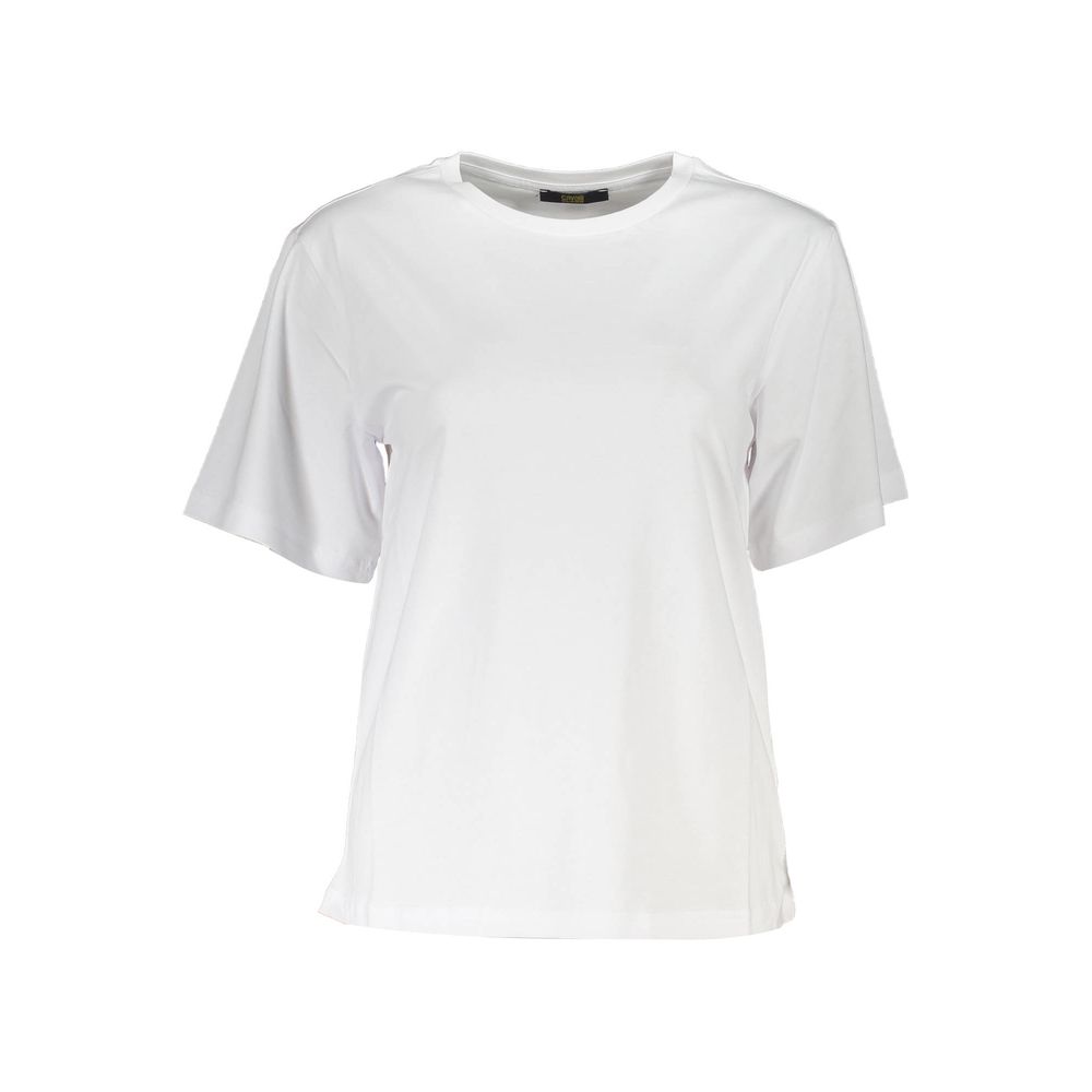 Cavalli Class White Cotton Women T-Shirt, slim fit, short-sleeve with logo print, modern style, crafted for comfort and confidence.