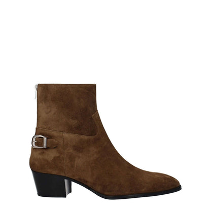 Celine Brown Leather Ankle Boots with suede vintage effect, round toe, mid heels, zip closure, and leather sole, style casual.