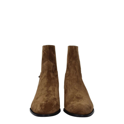 Celine Brown Leather Ankle Boots with suede finish, zip closure, vintage effect, mid heels, and round toe design.