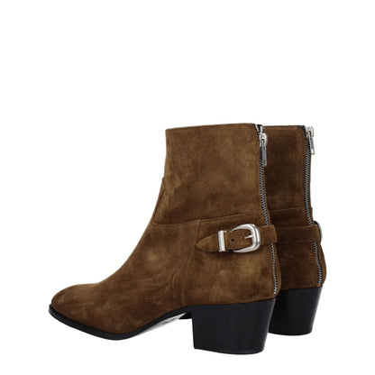 Celine Brown Leather Ankle Boots with zip closure and mid heels, featuring suede material and silver buckle detail.