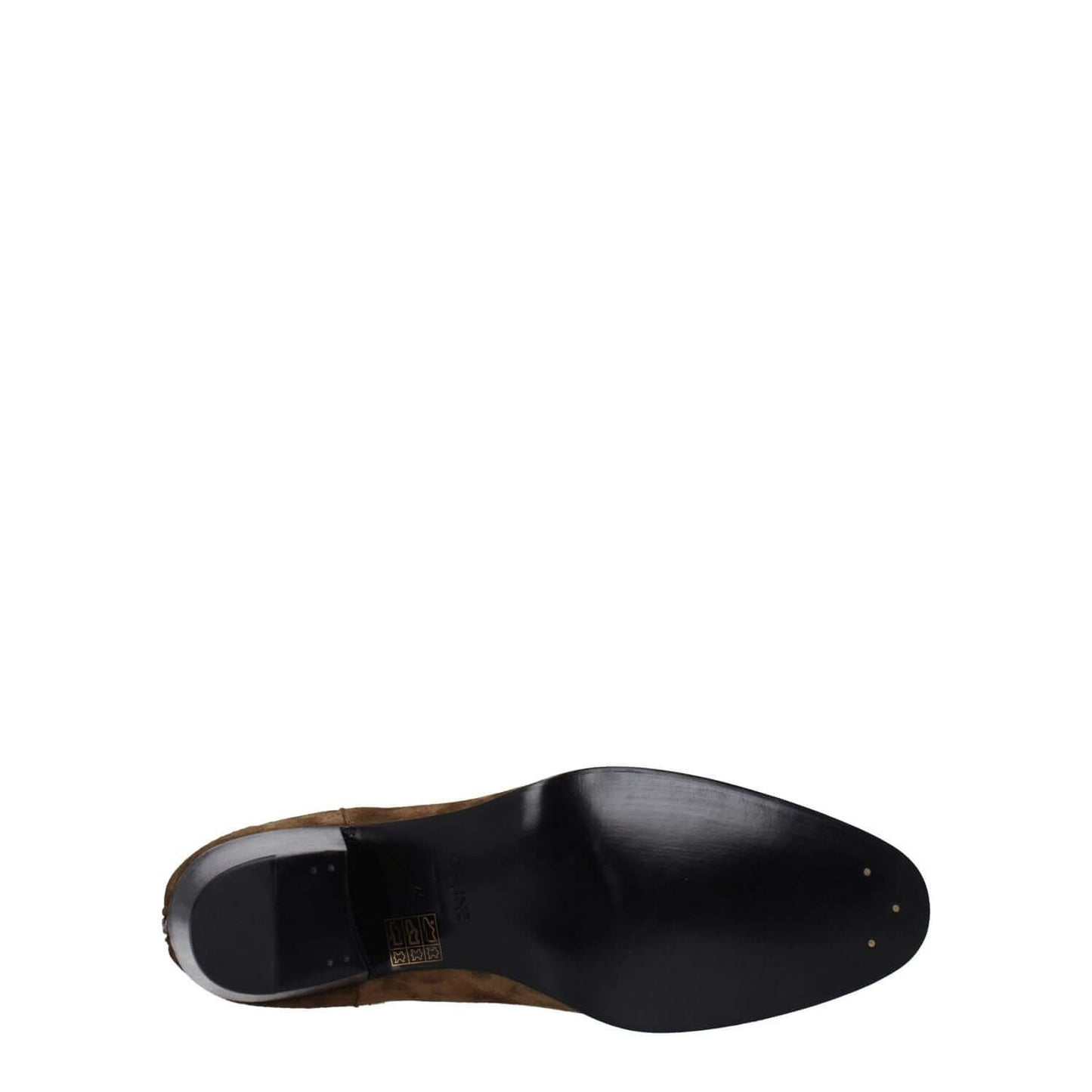 Sole view of Celine Brown Leather Ankle Boots with leather sole and round toe, showcasing vintage effect and zip closure.