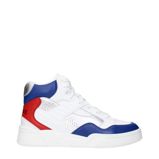 Celine White Leather Athletic Sneakers with front, side, and back logos, showcasing stylish design in blue, red, and white leather.