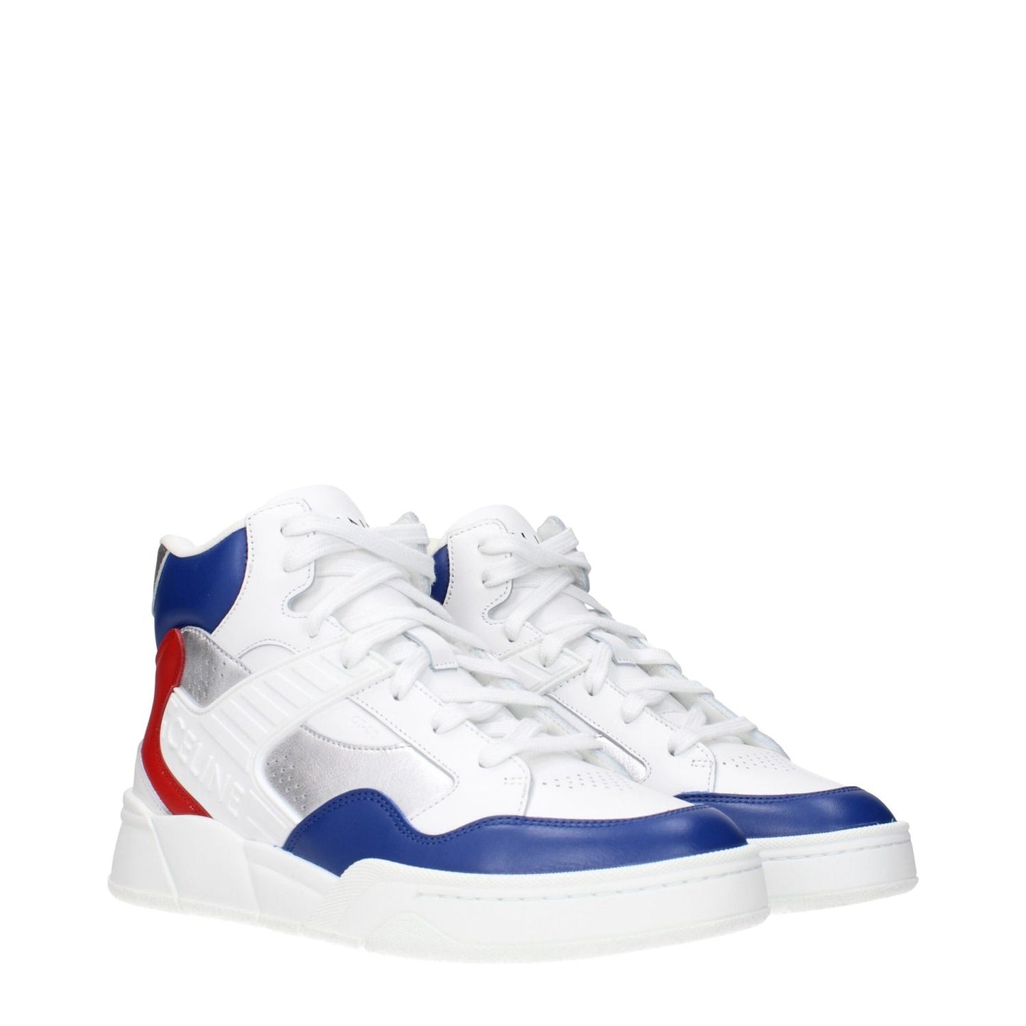 Celine White Leather Athletic Sneakers with red, blue accents and logo detailing