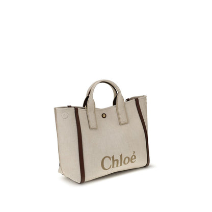 Chloé Beige Cotton Shoulder Bag with handles and signature, showcasing elegant and versatile design.