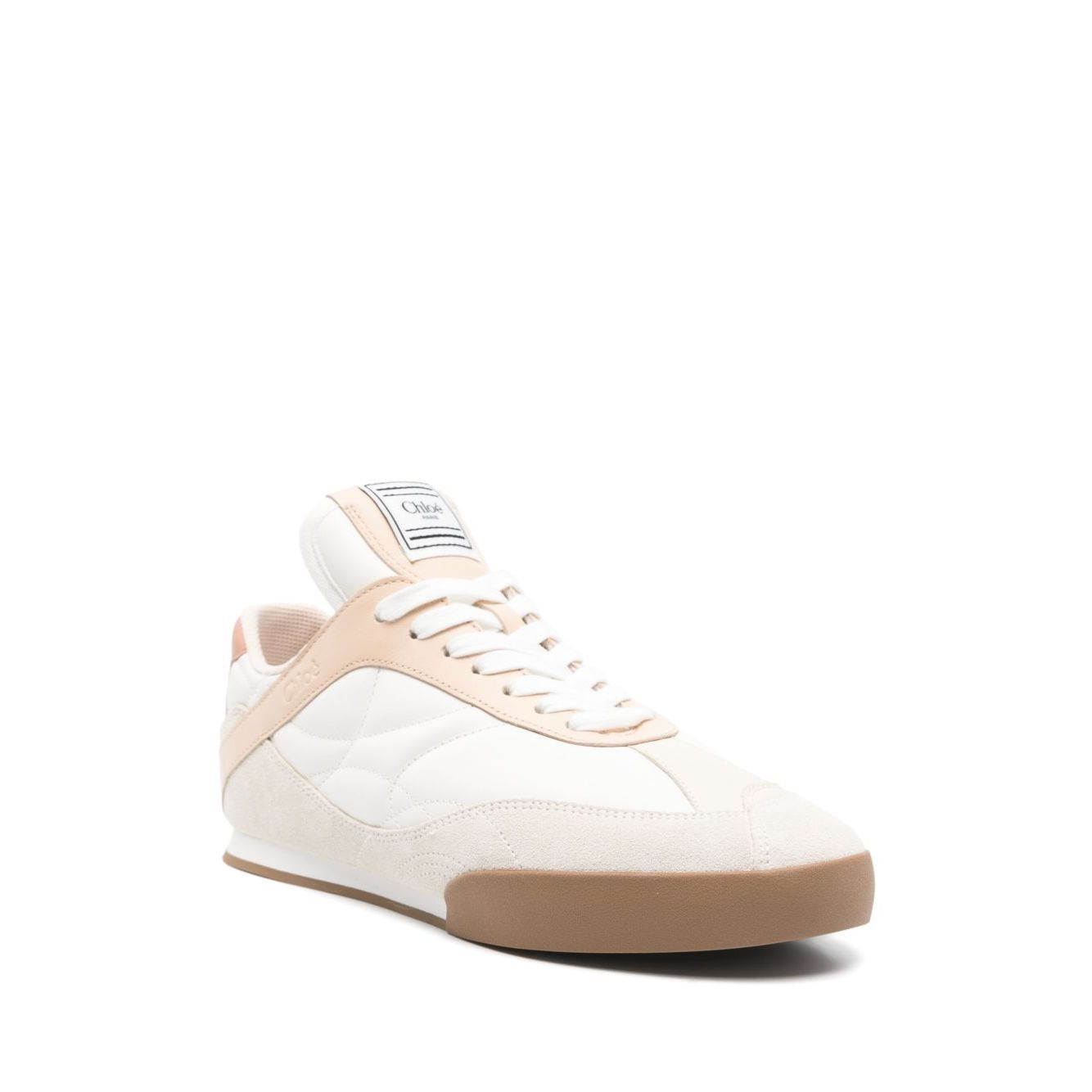 Chloé Kick sneaker in light beige with lace-up fastening and flat rubber sole, includes dust bag, heel height 0.8 in, platform 0.2 in.