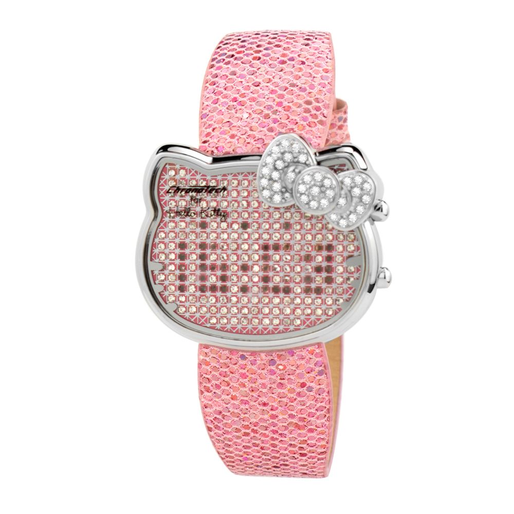 Chronotech Multicolor Leather Watch with pink leather bracelet, digital quartz display, silver steel case, mineral glass, buckle closure.