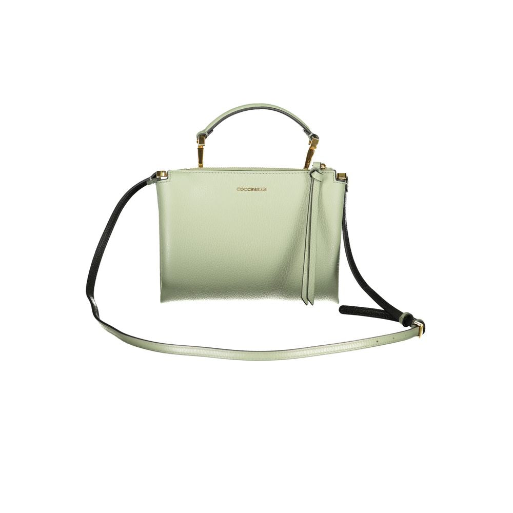 Coccinelle Green Leather Women Handbag with detachable handle and shoulder strap, elegant Italian design, two compartments.