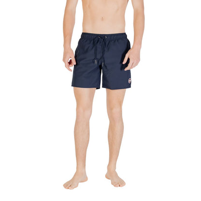 Man wearing Colmar Originals Blue Polyester Swim Shorts with drawstring waistband