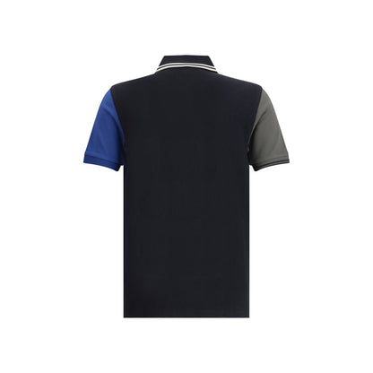 Comme Des Garçons Black Cotton Polo Shirt with green and blue sleeves, back view.