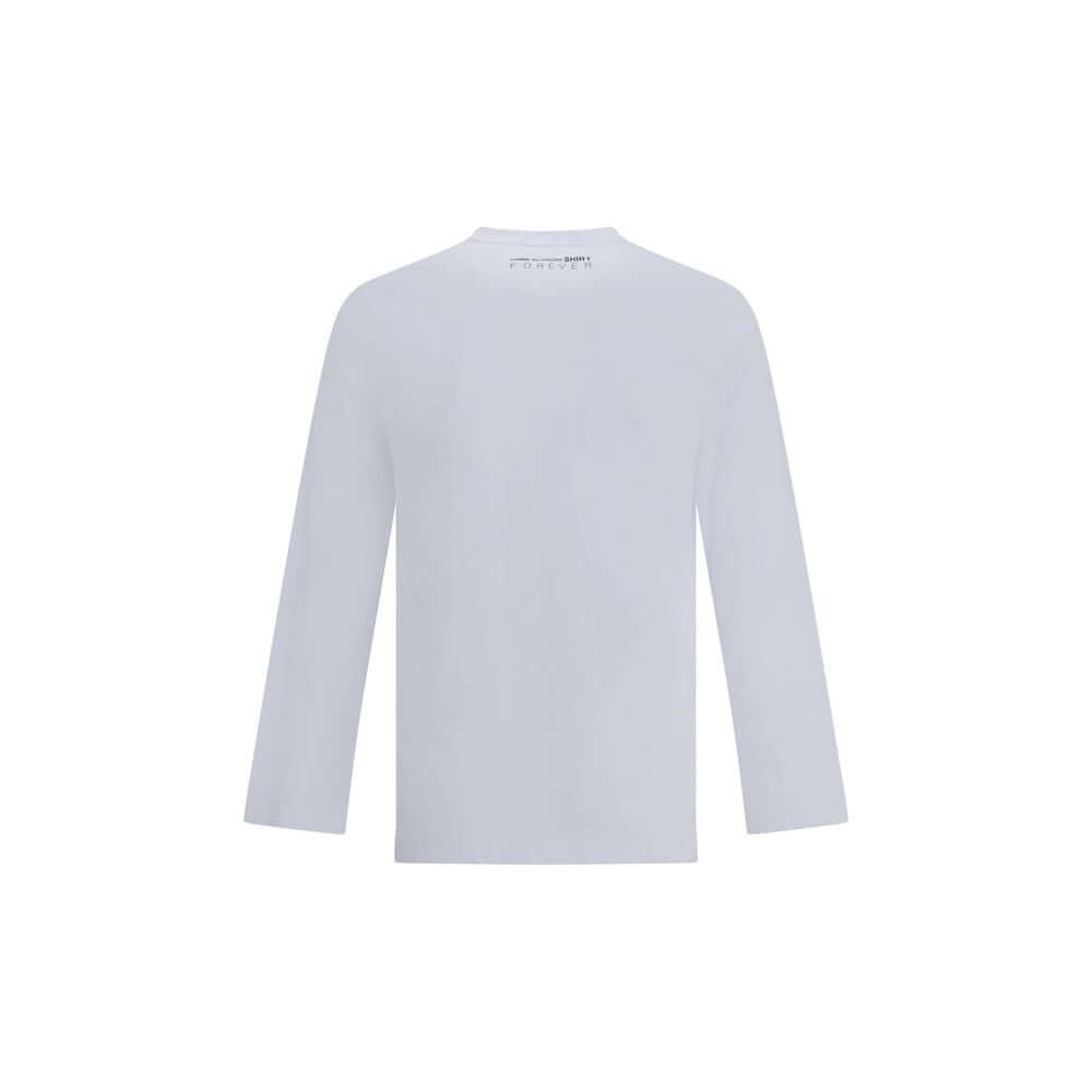 Comme Des Garçons White Cotton Long Sleeve T-Shirt, back view showing logo, classic crew neck, AW25 collection, 100% cotton.