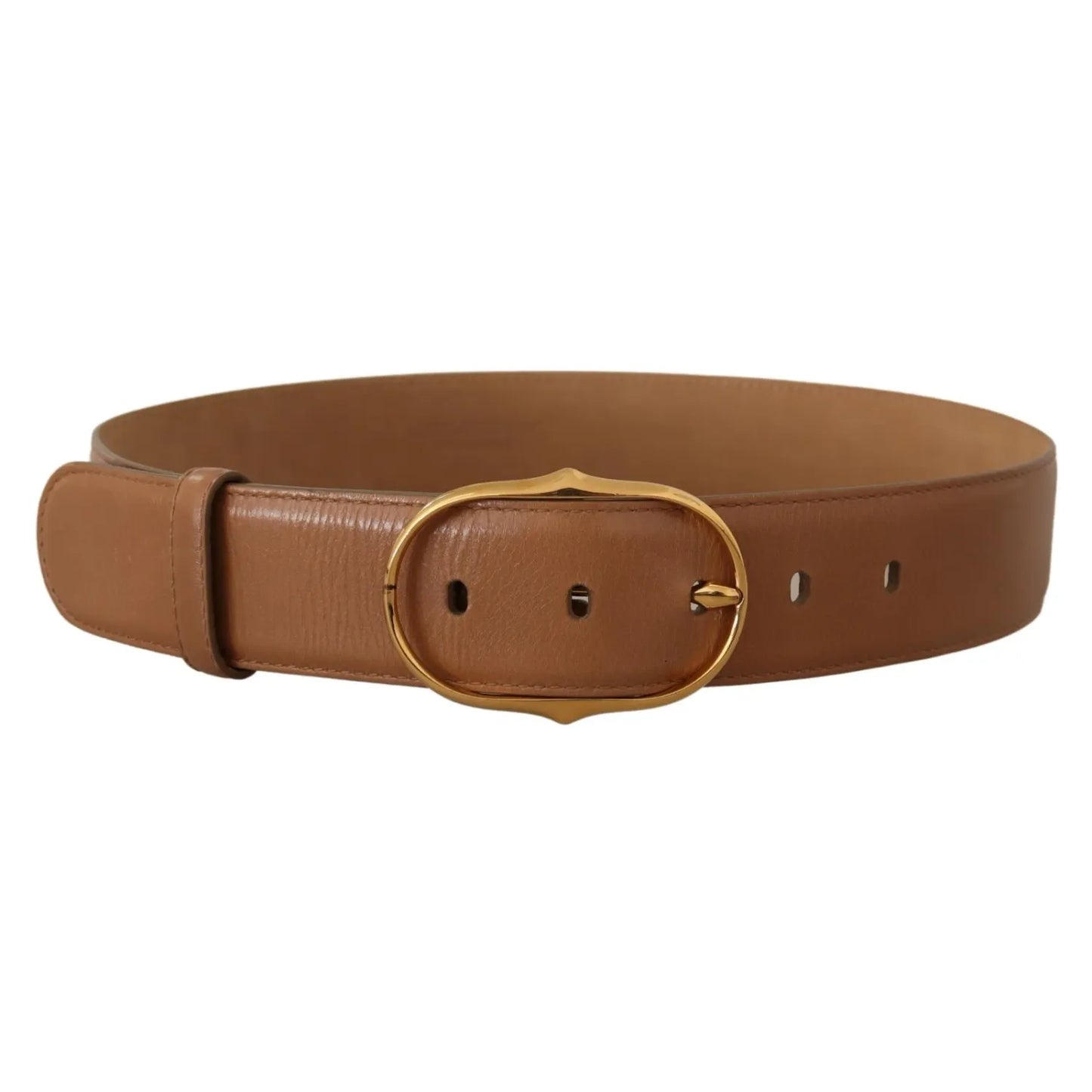 Costume National Brown Leather Gold Metal Oval Buckle Belt for Women, crafted from 100% leather with logo details, made in Italy.