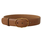 Costume National Brown Leather Gold Metal Oval Buckle Belt for Women, crafted from 100% leather with logo details, made in Italy.
