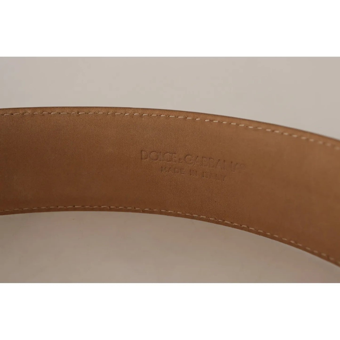 Costume National Brown Leather Gold Metal Oval Buckle Belt interior with made in Italy embossing