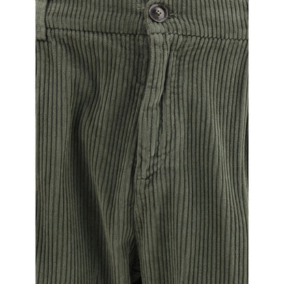 Close-up of Cruna Green Cotton Casual Pants with corduroy texture and button closure, showcasing slim fit and refined style for AW25.