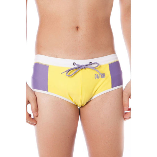Datch Giallo Poliammide Men Swim Brief in vibrant yellow and purple with secure laces and Datch logo, designed for modern swimwear fashion.