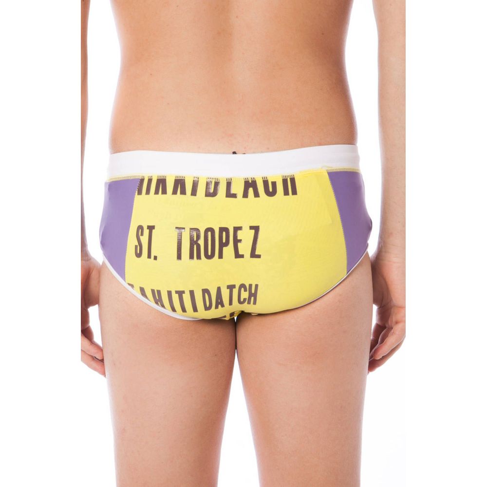 Back view of Datch Giallo Poliammide Men Swim Brief showcasing trendy design and logos, perfect for stylish beach outings.