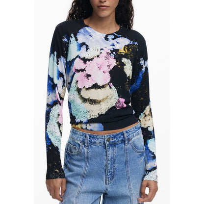 Desigual Black Linen Women Sweater with vibrant pattern, long sleeves, and crew neck