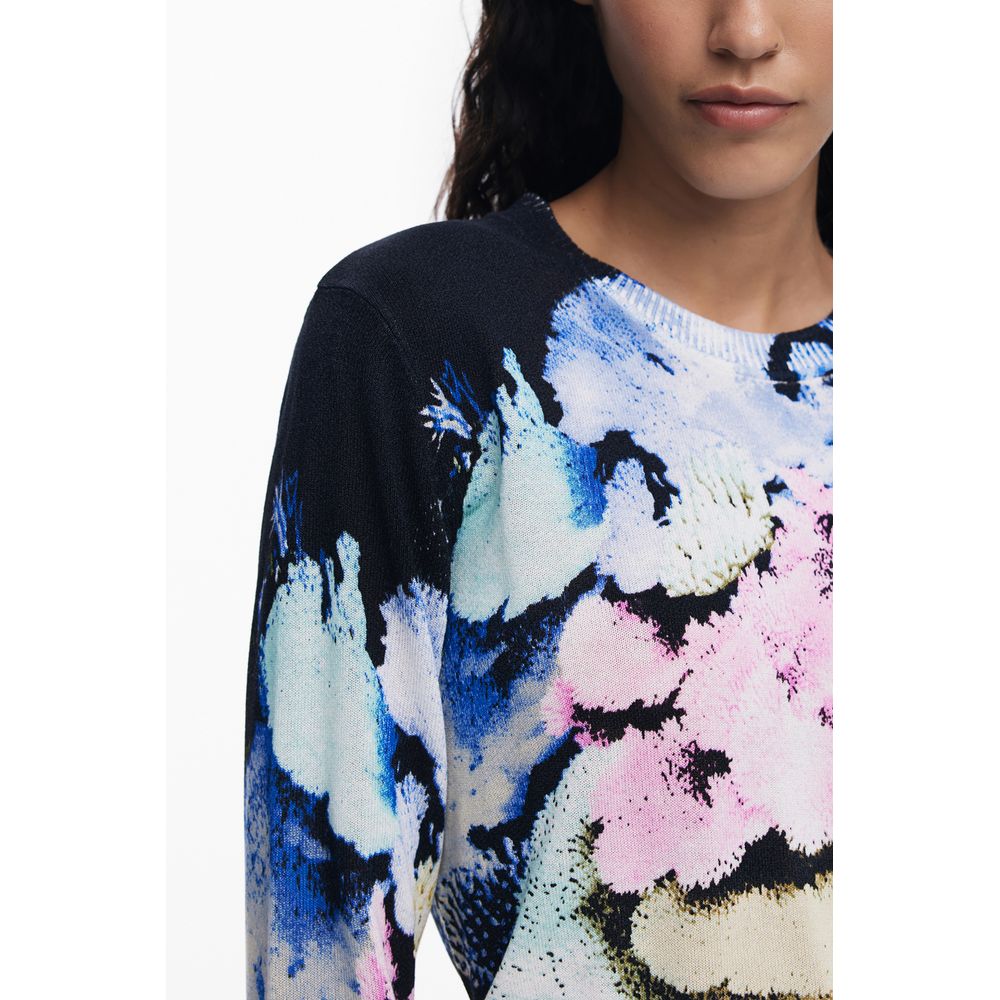 Desigual Black Linen Women Sweater with vibrant abstract pattern, long sleeves, and crew neck, showcasing unique and eclectic style.