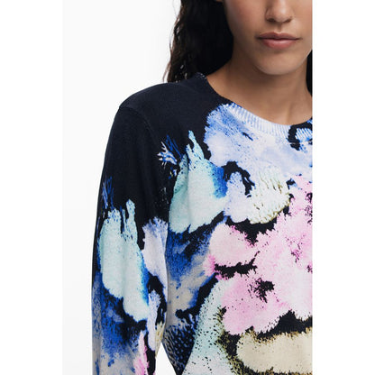 Desigual Black Linen Women Sweater with vibrant abstract pattern, long sleeves, and crew neck, showcasing unique and eclectic style.