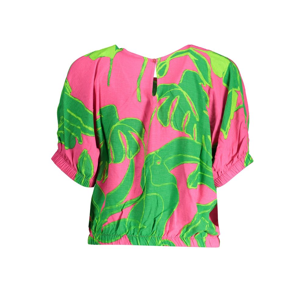 Desigual Pink Viscose Women Top with elastic waist and button detail, featuring playful green print and iconic logo on soft pink fabric.