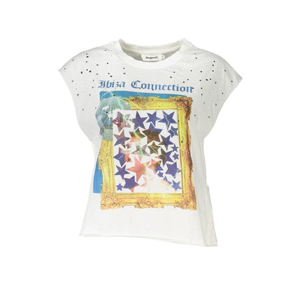 Desigual White Cotton Women Top featuring bold print and sleeveless design, perfect for a trendy fashion-forward statement.