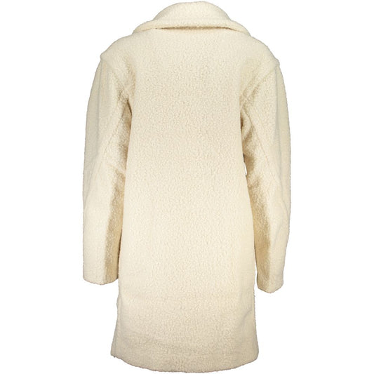 Back view of Desigual White Polyester Jackets & Coat, long-sleeved with 2 pockets and 2 buttons.