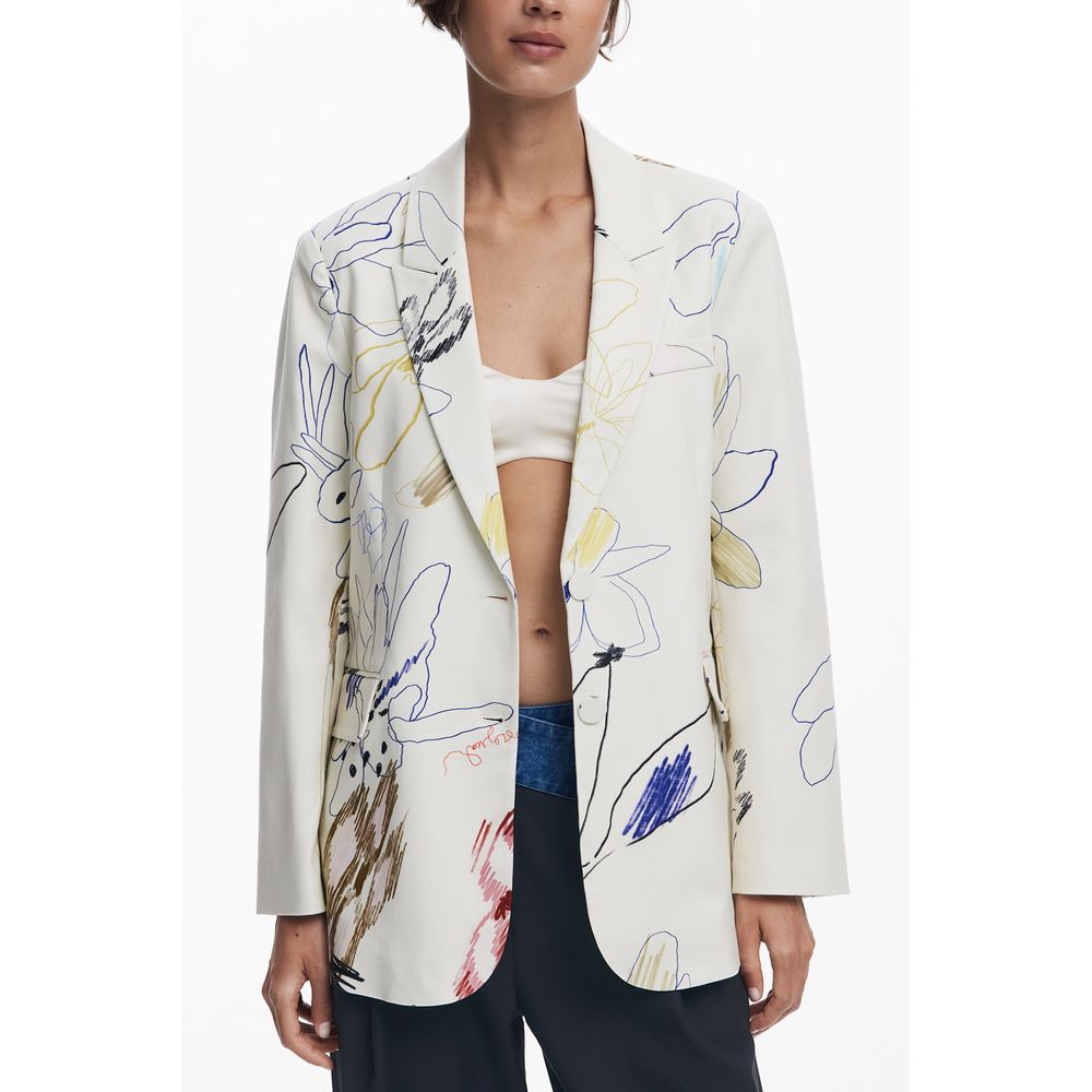 Desigual White Polyester Women Jacket with arty vibes and contrasting floral details, chic and practical with logo detailing.