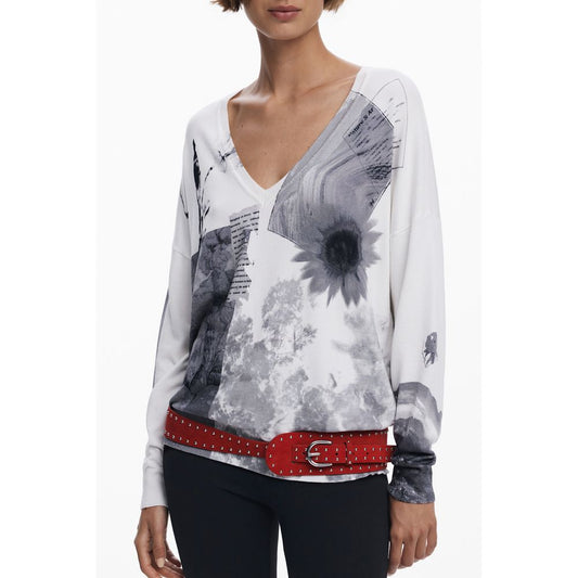 Desigual White Viscose Women Sweater with V-neck and artistic patterns, perfect for a stylish and trendy look.