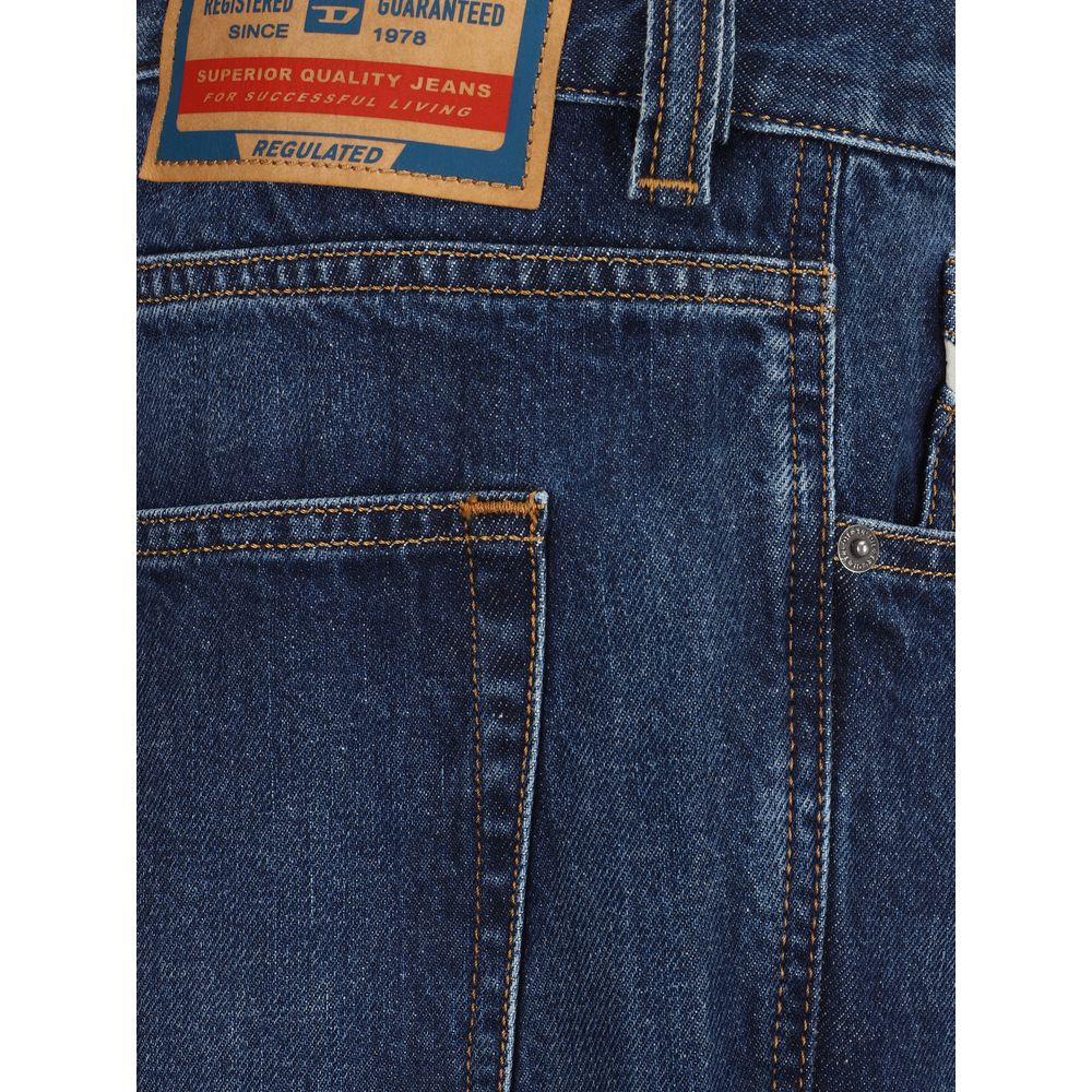 Close-up of Diesel Blue Cotton Relaxed Fit Jeans showcasing pocket and branded leather patch on back.