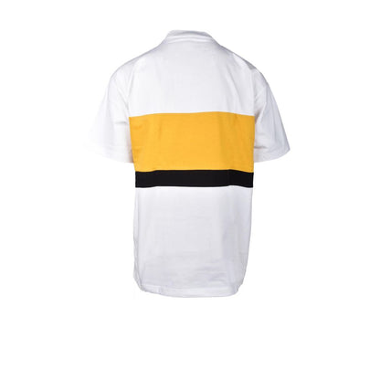Back view of a white t-shirt with a yellow and black horizontal stripe, emphasizing modern design and casual style.
