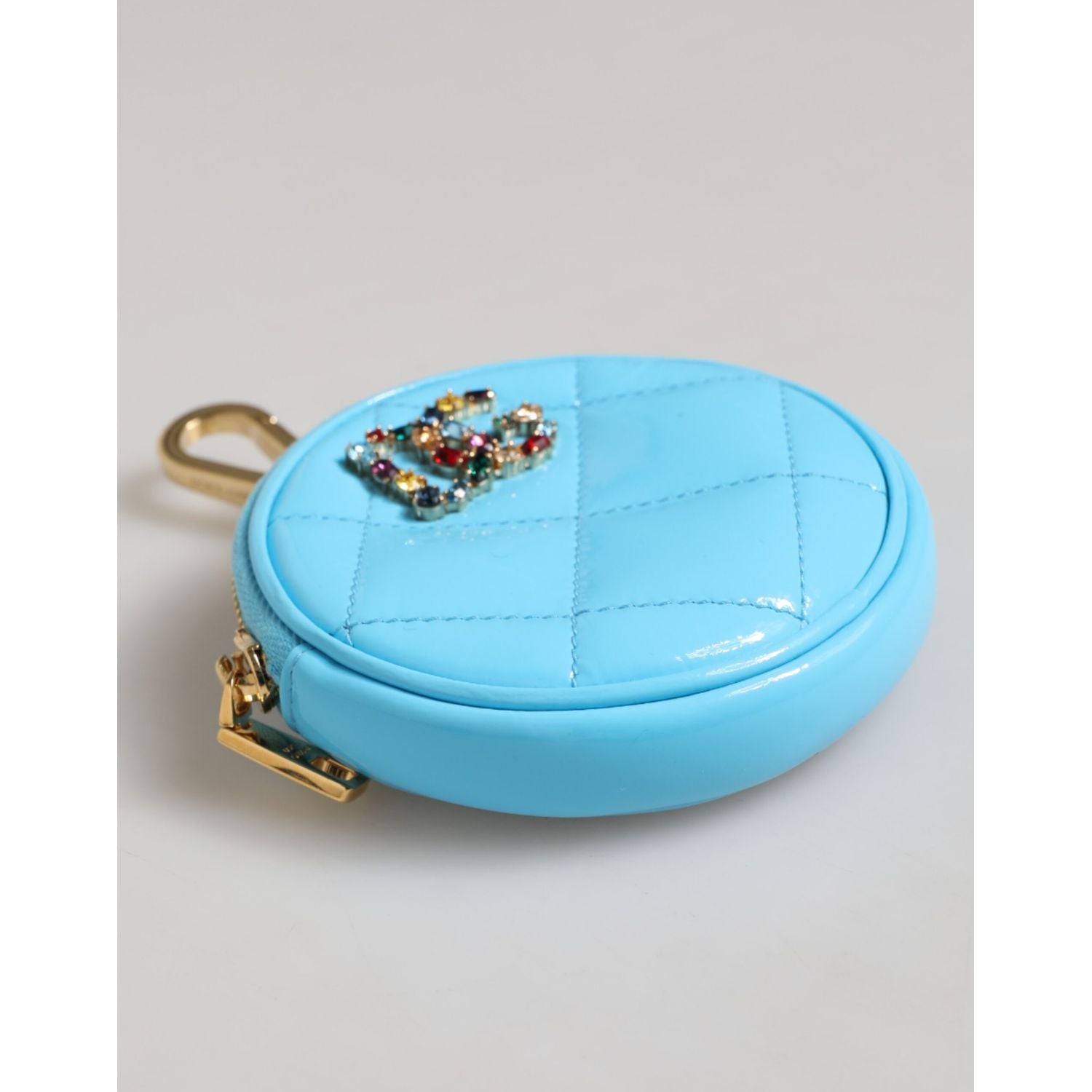 Dolce & Gabbana Azure Blue Leather Round Coin Purse Keychain Crystal Logo Wallet