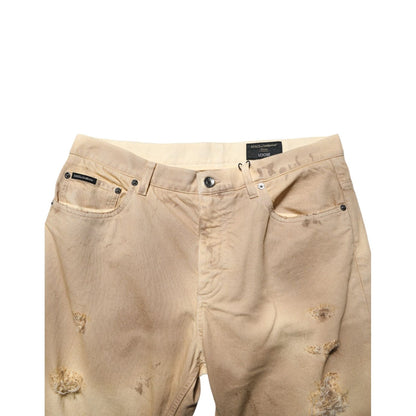 Dolce & Gabbana Beige Cotton Loose Tattered Men Denim Jeans with distressed accents