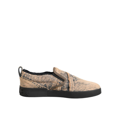 Dolce & Gabbana Beige Cotton Low Top Slip On Sneakers Shoes with a casual design and rubber sole.