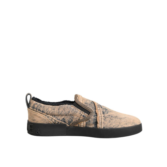Dolce & Gabbana Beige Cotton Low Top Slip On Sneakers Shoes with a casual design and rubber sole.