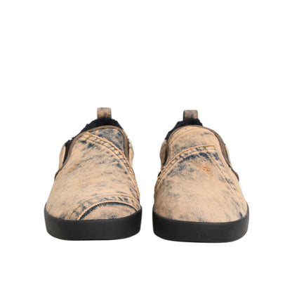 Dolce & Gabbana Beige Cotton Low Top Slip On Sneakers Shoes front view with rubber sole.