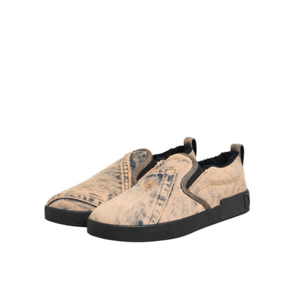 Dolce & Gabbana Beige Cotton Low Top Slip On Sneakers Shoes with black rubber sole