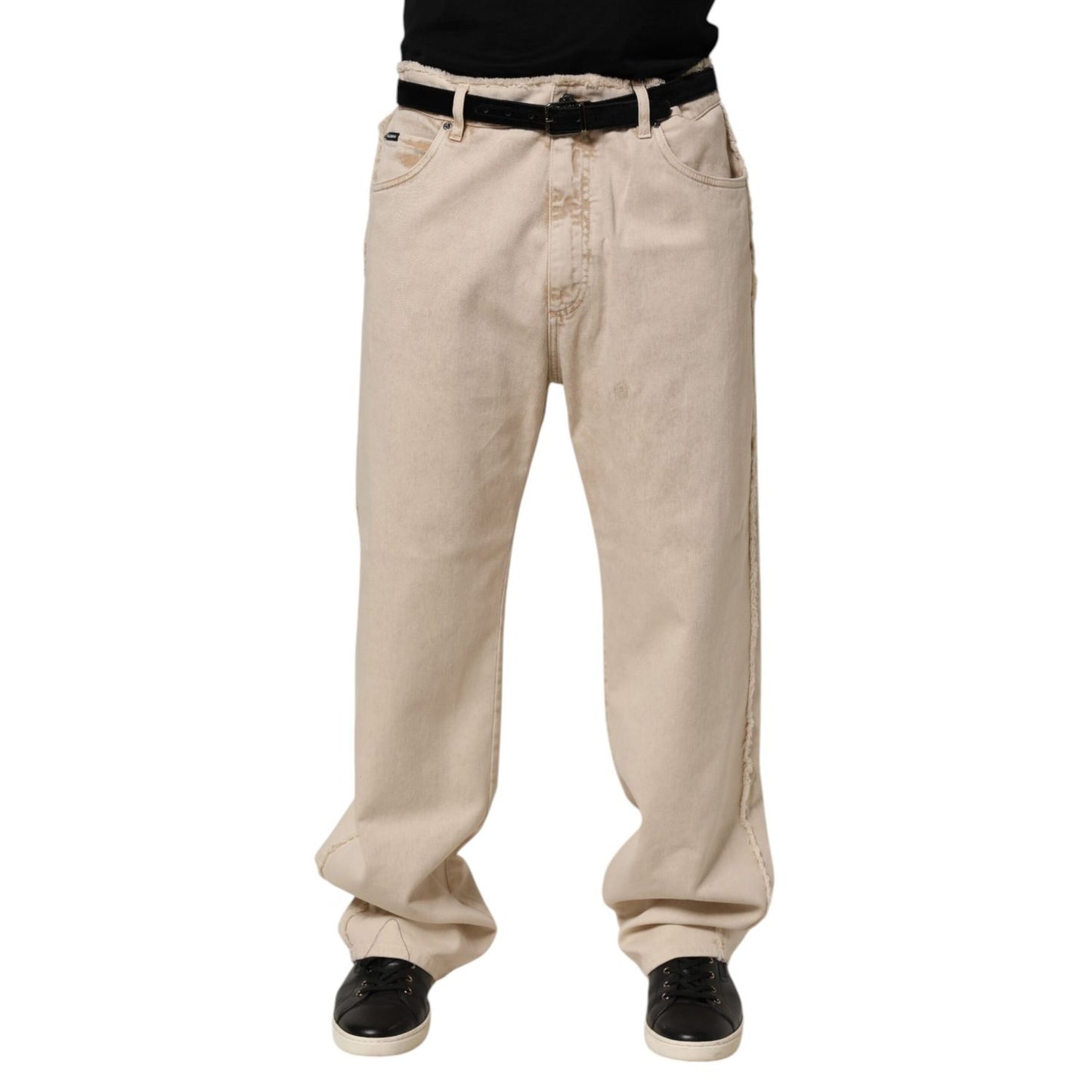 Dolce & Gabbana Beige Cotton Straight Denim Trouser Jeans with classic five-pocket style and straight-leg fit.