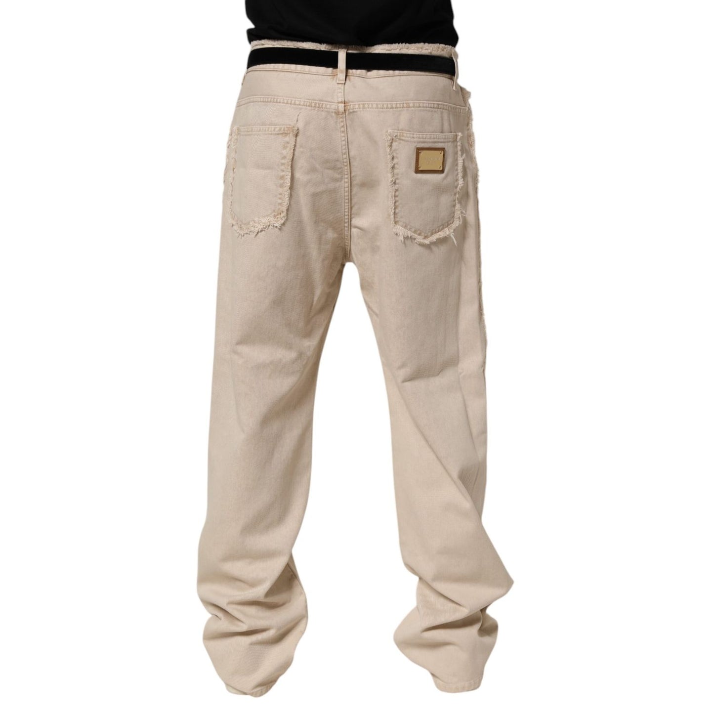 Back view of Dolce & Gabbana Beige Cotton Straight Denim Trouser Jeans with five-pocket styling and designer detailing.