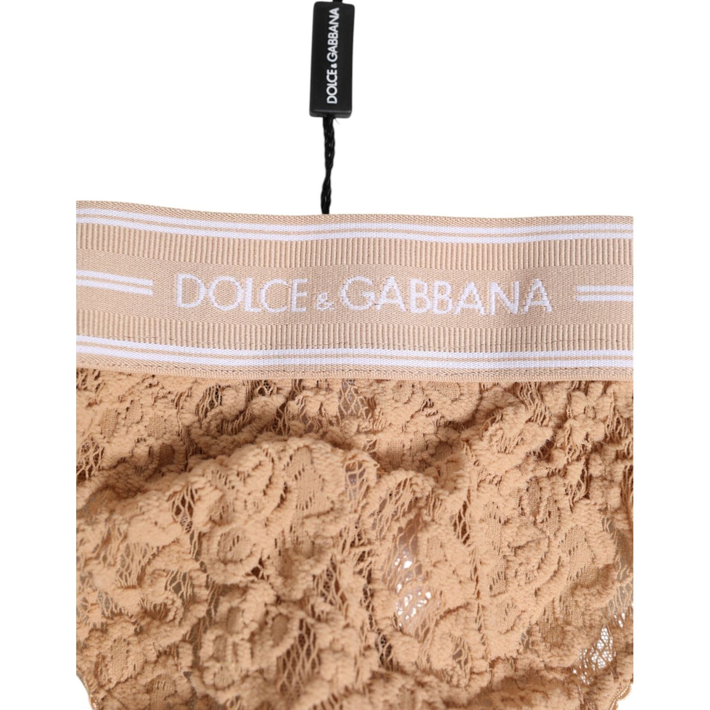 Dolce & Gabbana Beige Lace Logo Elastic Waist Thong Tanga Underwear