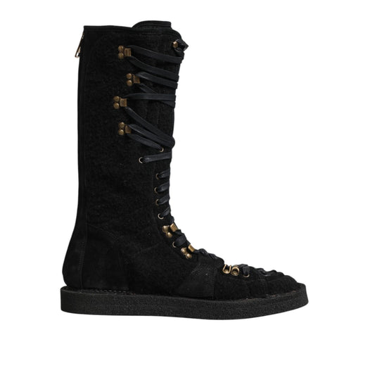 Dolce & Gabbana Black Alpaca Wool Suede Mid Calf Boots Shoes with laces and rich texture, perfect for elegant cold-weather style.